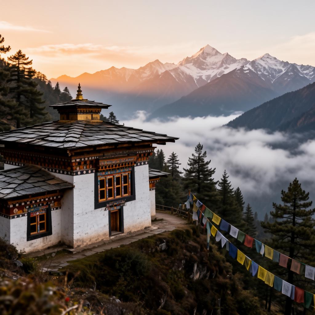 Snow-dusted Himalayan monastery at first light